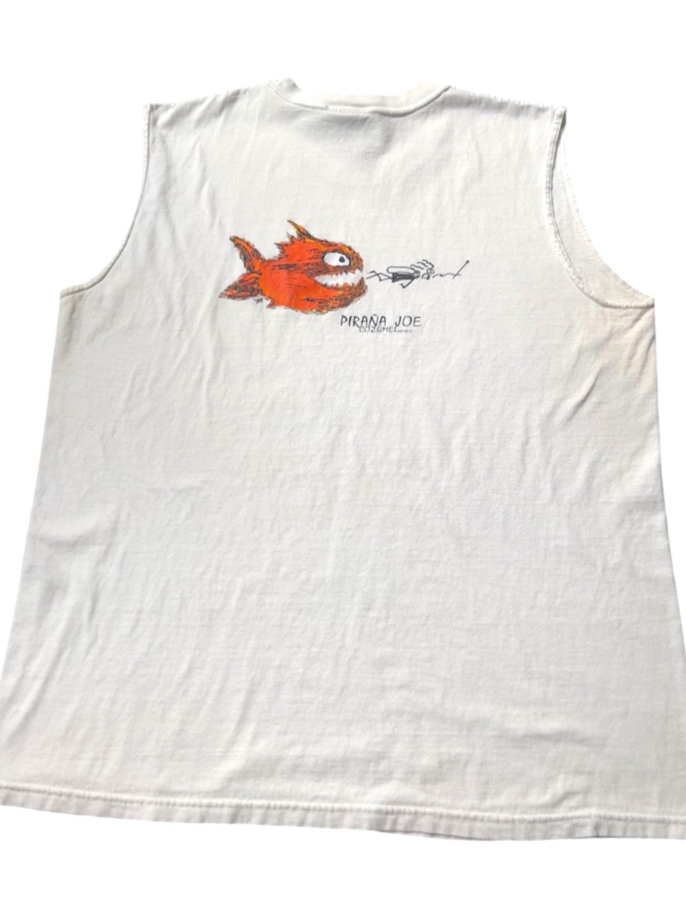 Vintage Men's Piraña Joe Cozumel Mexico Fish Surf Beach White Tank Top L